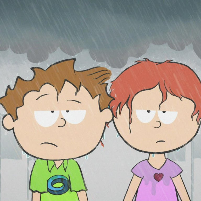 Der kleine Philosoph Knietzsche steht mit einer Freundin im Regen, beide schauen missmutig.