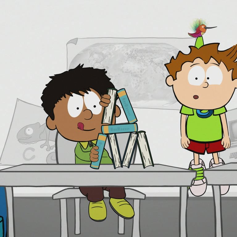 Der kleine Philosoph Knietzsche wird von einem Kolibri in die Luft gehoben, neben ihm im Klassenzimmer baut ein anderes Kind eine Pyramide aus Büchern.