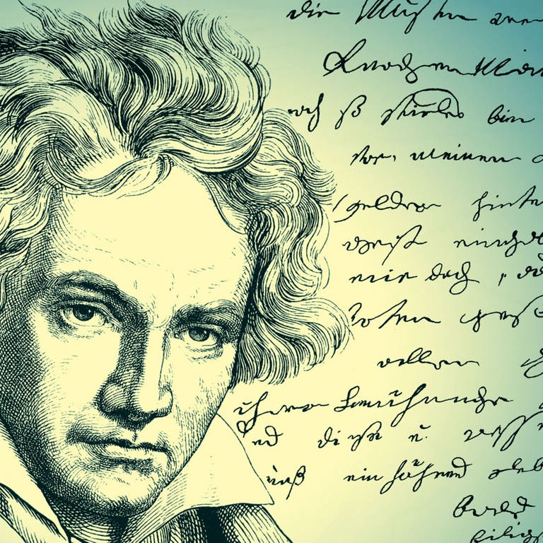 Zeichnung von Beethoven neben einem handschriftlichen Brief von ihm